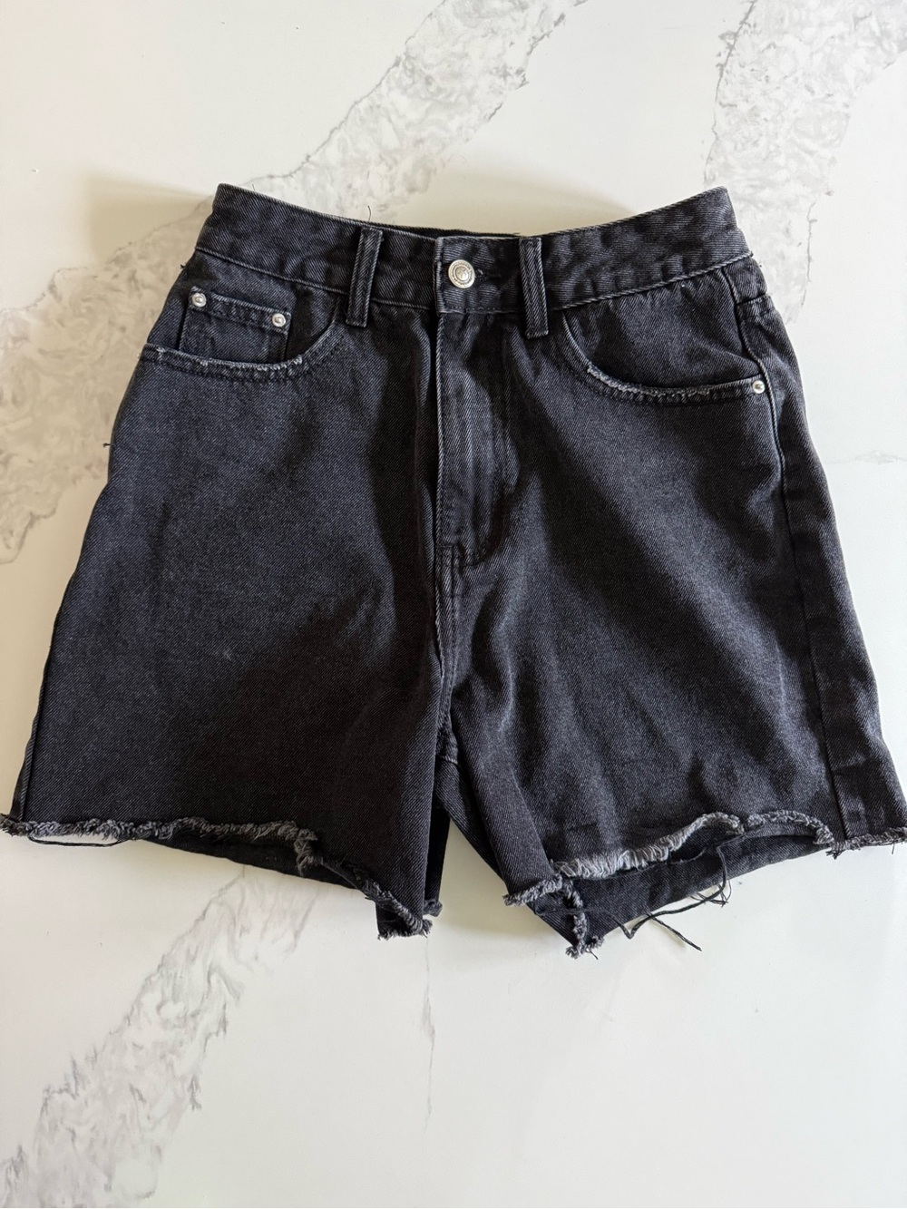 Princess Polly Black High-Rise Frayed Hem Women's Denim Shorts size 4 US